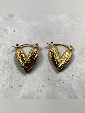 Goldtone Stainless Steel Heart-Shaped Hammered Hoop Earrings